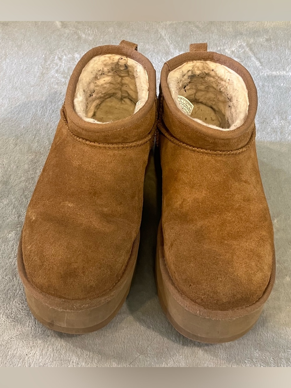 UGG Chestnut Suede Shearling Ankle booties with platform